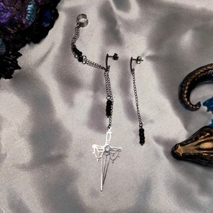 Manchette d'oreille/Bijoux d'oreilles sans piercing épée/dague, perle noir, style punk/rock/gothique/fantastique, Unisexe, en acier inox