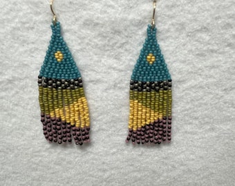 Handwoven seed bead fringe earrings.