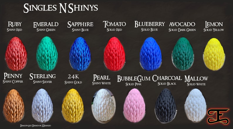 May include: A collection of 12 dragon eggs in various colors and finishes, including shiny red, green, blue, gold, copper, silver, white, black, pink, dark green, and yellow. The eggs are labeled with names like Ruby, Emerald, Sapphire, Tomato, Blueberry, Avocado, Lemon, Penny, Sterling, 24K, Pearl, Bubblegum, Charcoal, and Mallow.