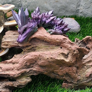 May include: A purple and silver crystal dragon figurine resting on a piece of driftwood with a mushroom growing on a nearby rock.