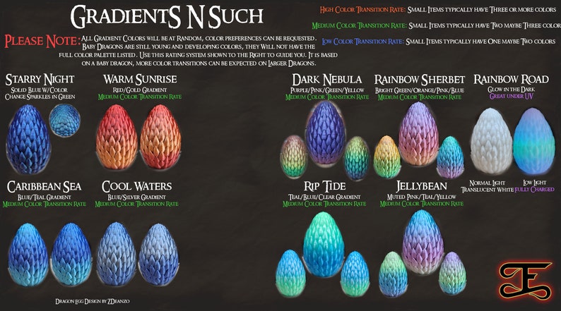 May include: A chart showing different color gradients for dragon eggs. The chart includes names for each gradient, such as "Starry Night", "Warm Sunrise", "Dark Nebula", "Rainbow Sherbet", "Rainbow Road", "Caribbean Sea", "Cool Waters", "Rip Tide", and "Jellybean". The chart also includes a description of the color transition rate for each gradient, which is either high, medium, or low.