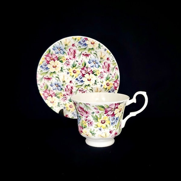 Roy Kirkham Garden Chintz Teacup and Saucer, Vintage English Fine Bone China, Colorful Floral Chintz Pattern, Excellent Condition