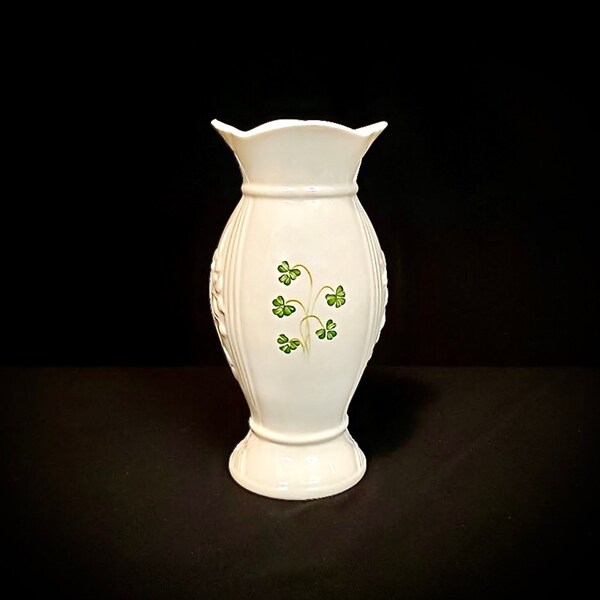 Donegal Shamrock Vase, Vintage Irish Footed Vase, Green Shamrock & Molded Floral Motifs, Excellent Condition