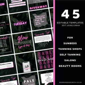 Op de afbeelding: Een roze en zwarte grafische ontwerptemplate voor sociale media met de tekst "Tanning Tuesday" en "Glow Commando Type of Day". Het ontwerp bevat ook een zon, een telefoon en de tekst "Babe You're So Tanned Babe Babe Babe".