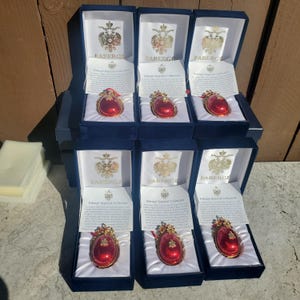 6 Faberge Red Enamel Guilloche Egg Ornaments