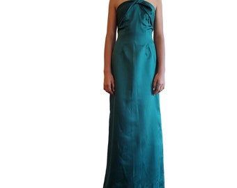 Vintage Wtoo Satin Grecian Twist Halter Bridesmaid Prom Formal Maxi Dress Green
