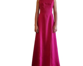 Vintage 90s Y2K Watters and Watters Fuscia Satin Boat Neckline Bridesmaid Dress