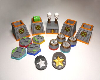 May include: A set of 3D printed game pieces for a board game. The set includes four gray towers with orange tops, four gray and silver circular pieces, four hexagonal tiles with gray and green details, and two gray circular pieces with a silver star.