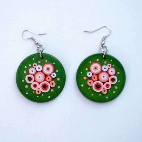 Paper quilled earrings, green handmade earrings, spring blossom earrings, mixed media earrings, spring themed earrings, statement earrings