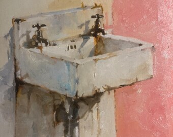 Original Hand-Painted Vintage Sink Painting, Antique Basin Wall Art, Pink Bathroom Art, Rustic Industrial Still Life (7 X 8.5 inch)