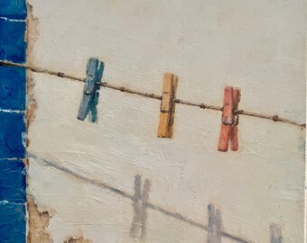 Original oil painting Lisbon façade, Alfama clothesline. Portuguese Azulejos tile art 6x8 inch. Minimalist art framed