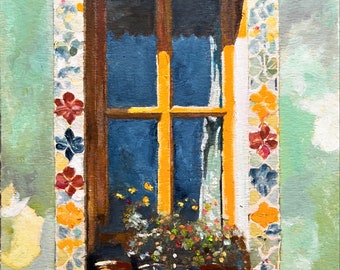 Pintura al óleo original 6"x8" (15x20cm) fachada de ventana portuguesa bodegón mosaico luz de la mañana Alfama pintura ventanas arte