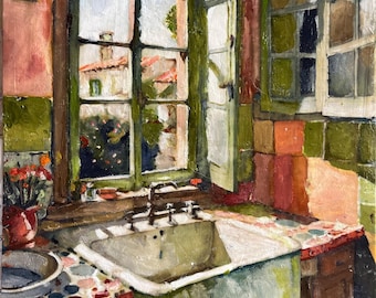 Original Hand-Painted Vintage Sink Painting, Antique Basin Wall Art, Kitchen Art, Rustic Industrial Still Life (8 X 12 inch)