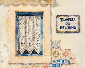 Original Oil Painting: tiled façade Lisbon Street Sign Art (6x8 inch) windows of Alfama framed artwork