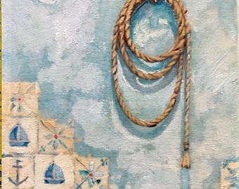 Lisbon Azulejo Tile Art: Original Oil Painting (6”x8”) Alfama tiled façade nautical art