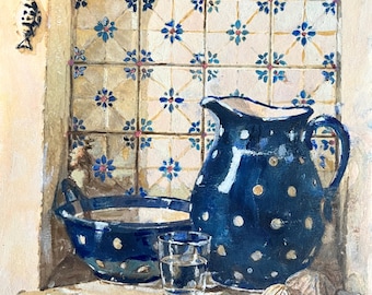 Kitchen Original Oil Painting on Paper – Portuguese Kitchen Still Life (8x10 inches) framed Lisbon Alfama interiors