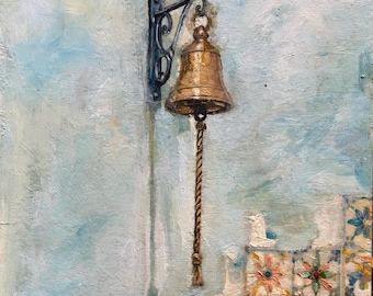 Original Oil Painting: tiled façade Lisbon Alfama Street Sign Art (6x8 inch) blue cityscape