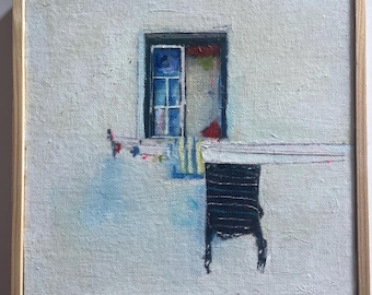Original oil painting Lisbon façade, Alfama clothesline. Portuguese Azulejos tile art 8x8 inch minimalist artwork
