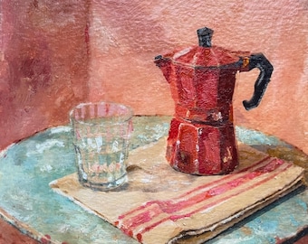 Original Oil Painting,  Coffee Still Life, Small Hand-Painted Kitchen Art, 6x8 Inch Red Original Artwork