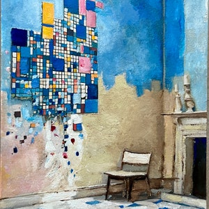 Dipinto originale su carta 6”x8” (15 x 20 cm) “Mondrian era qui” natura morta arte murale geometrica astratta