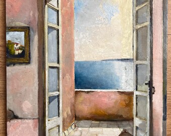 Framed Portuguese Beach House Oil Painting, Morning Ocean View