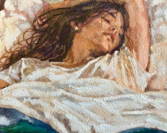 Original Oil Painting: Woman Sleeping on Bed, Morning Light Interior (8.5x11.5 inch)