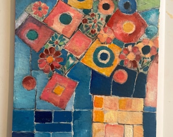Abstract Floral Mosaic Oil Painting, Colorful Original Art (6x8")