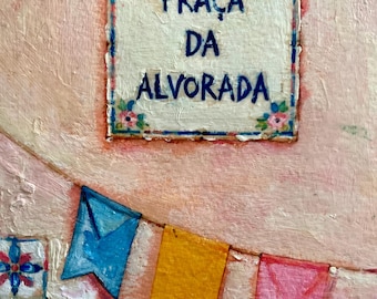 Original Oil Painting: Praça da Alvorada Lisbon Street Sign Art (6x8 inch)