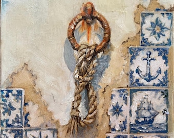 Lisbon Azulejo Tile Art: Original Oil Painting, Framed (6”x8”) Alfama tiled façade