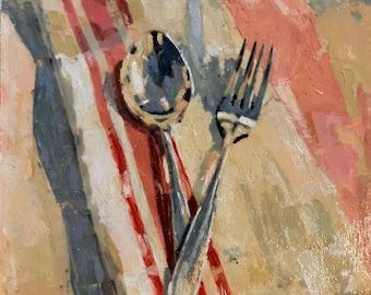 Original Oil Painting: pink still life, silverware, interiors (6x8 inch) minimalist art