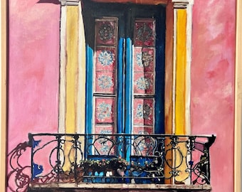 Lisbon Alfama Window Oil Painting, Pink Portuguese Architecture, Framed Art (12"x16")