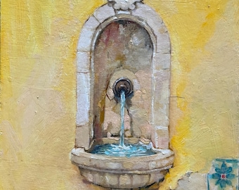 Original Oil Painting: tiled façade Lisbon Street fountain  (6x8 inch) - yellow wall art with tiles painting