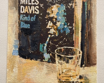 Original Oil Painting on Paper – Miles Davis vintage album Cover Art (6x8 Inch) blue still life