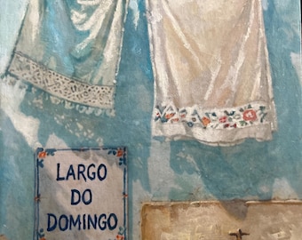 Lisbon Azulejo Tile Art: Original Oil Painting, Framed (8”x10”) Alfama clothesline façade