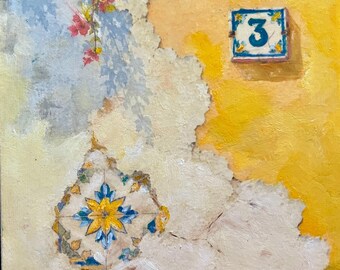 Original Oil Painting: tiled façade Lisbon Street Sign Art (6x8 inch) framed
