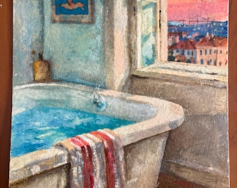 Original Hand-Painted Vintage bathroom oil Painting, Antique Bathtub, Blue Teal Bathroom Art, interiors Still Life (6.5X 8 inch)