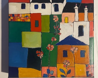 Abstract landscape Oil Painting on canvas: Colorful Geometric  Art mosaic houses (8” x 8")