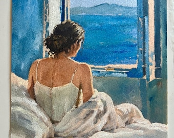 Original Oil Painting: Woman on Bed, Morning Light Interior painting, window view seascape blue artwork  (8.5x10.5 inch)