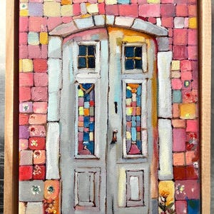 Türen von Lissabon 1 original Ölgemälde auf Leinwand 6”x8” (16 x 21 cm) Stadtbild Tür an Fassade bunte geometrische abstrakte Kunst gerahmt