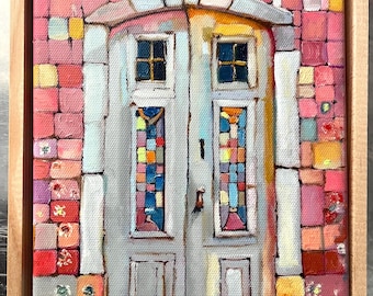 Lisbon Doors Oil Painting, Colorful Abstract Cityscape Art, Framed (6x8)