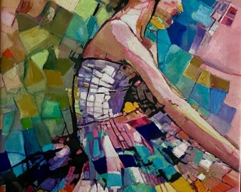 Abstract Ballerina Oil Painting: Colorful Geometric Ballet Art (12x16" Framed)