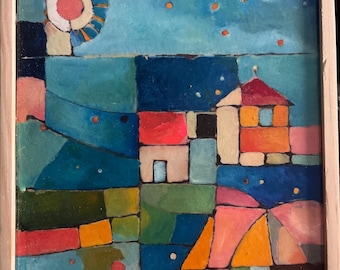 Abstract landscape Oil Painting: Colorful Geometric  Art (6” x 8") framed handmade frame