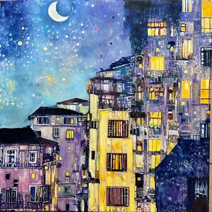 Peinture à l'huile originale paysage urbain 20 x 20 po. ciel nocturne avec oeuvre d'art lunaire nuit étoilée bâtiments à Lisbonne façades dans la rue de lisbonne encadrée