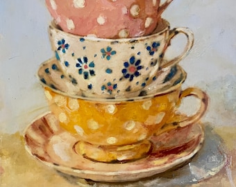 Original Oil Painting: still life, teacups, interiors (6 x 8 inch) minimalist art - polka dots teacups and silver spoon still life