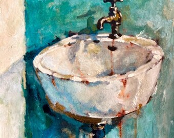 Original Hand-Painted Vintage Sink Painting, Antique Basin Wall Art, Blue Teal Bathroom Art, Rustic Industrial Still Life (7 X 8.5 inch)