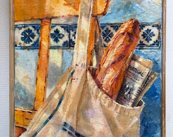 Original Oil Painting, Portuguese Lisbon Still Life, Small Hand-Painted Kitchen Art, 6” x 8” Original Newspaper Artwork Framed
