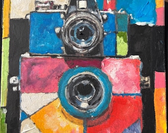 Vintage Camera Oil Painting, Colorful Abstract Artwork (6x8 Framed)