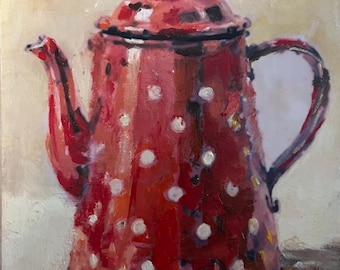 Original Oil Painting: still life, red polka dots (6x8 inch) minimalist art framed