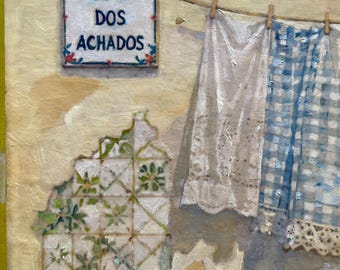 Lisbon Azulejo Tile Art: Original Oil Painting, Framed (7”x9.5”) Alfama clothesline façade