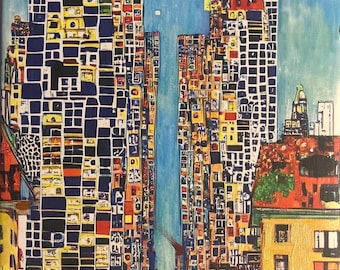 Abstract cityscape Oil and acrylic Painting on canvas: Colorful Geometric  Art mosaic skyscrapers (8” x 8")